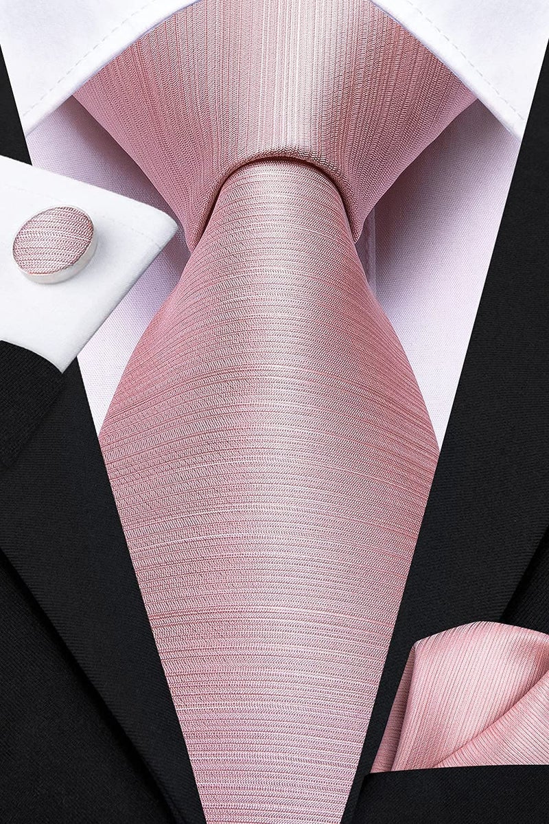 Hi-Tie ربطات عنق رجالية هاي تاي مزخرفة بتصميم كلاسيكي مع منديل وأزرار أكمام مجموعة ربطة عنق مخططة للأعمال، وردي فاتح - Image 3